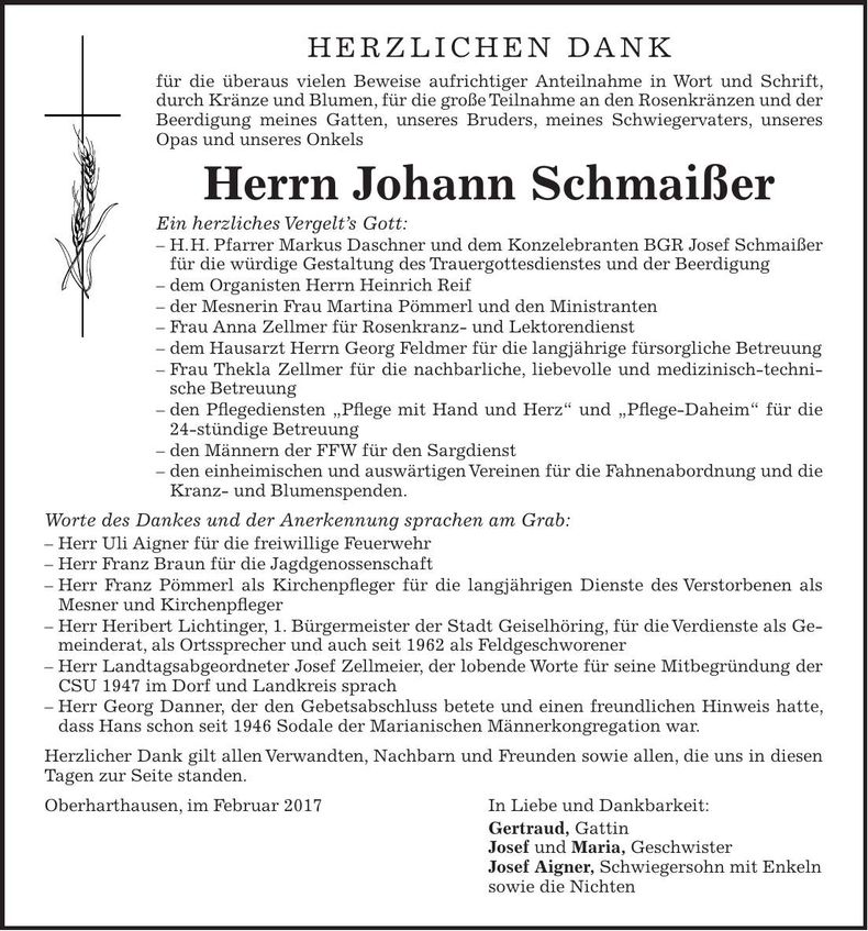 Traueranzeige Johann Schmaißer