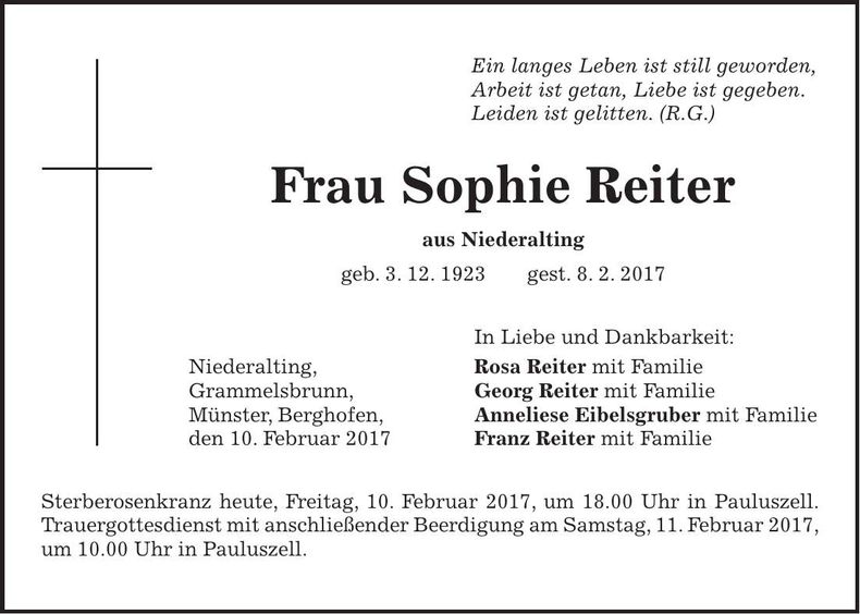 Traueranzeige Sophie Reiter