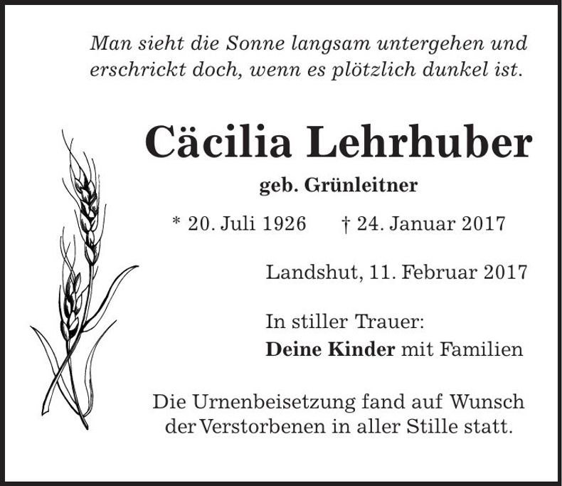 Traueranzeige Cäcilia Lehrhuber