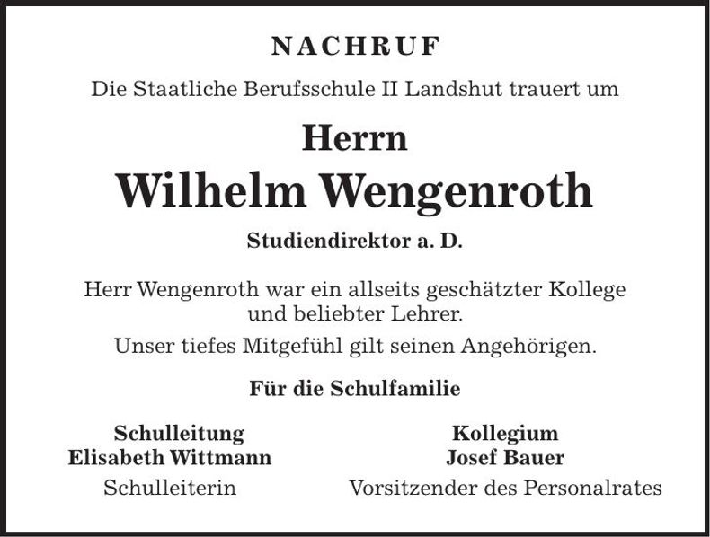 Traueranzeige Wilhelm Wengenroth