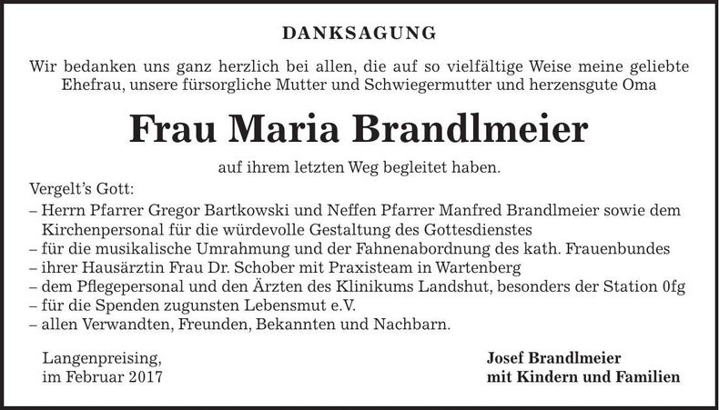 Traueranzeige Maria Brandlmeier