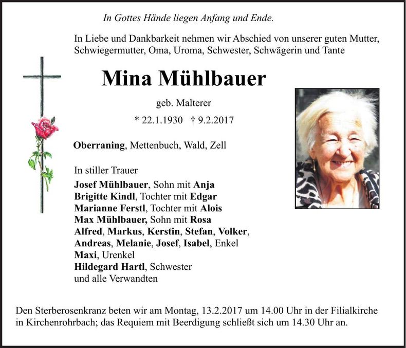 Traueranzeige Mina Mühlbauer