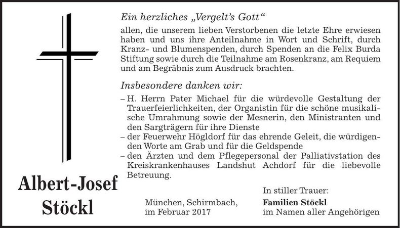 Traueranzeige Albert-Josef Stöckl
