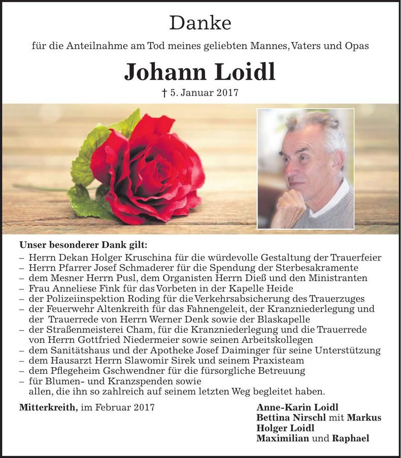 Traueranzeige Johann Loidl