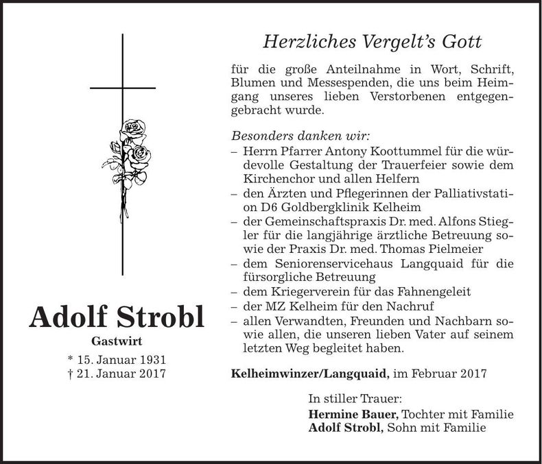 Traueranzeige Adolf Strobl