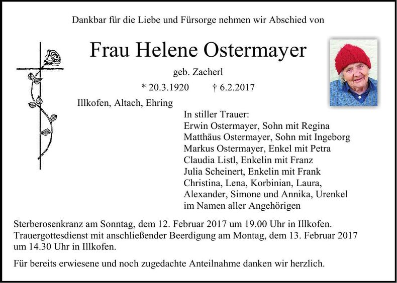 Traueranzeige Helene Ostermayer