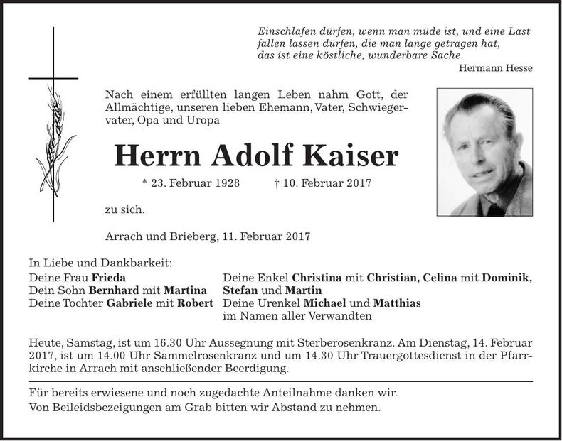 Traueranzeige Adolf Kaiser