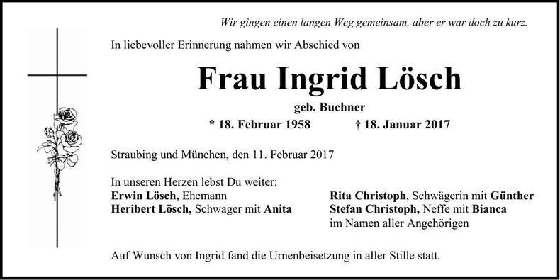 Traueranzeige Ingrid Lösch