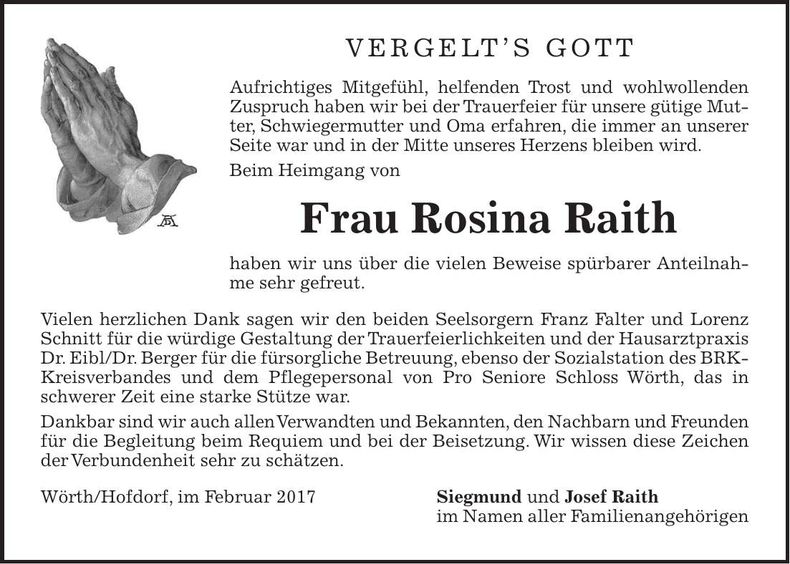 Traueranzeige Rosina Raith