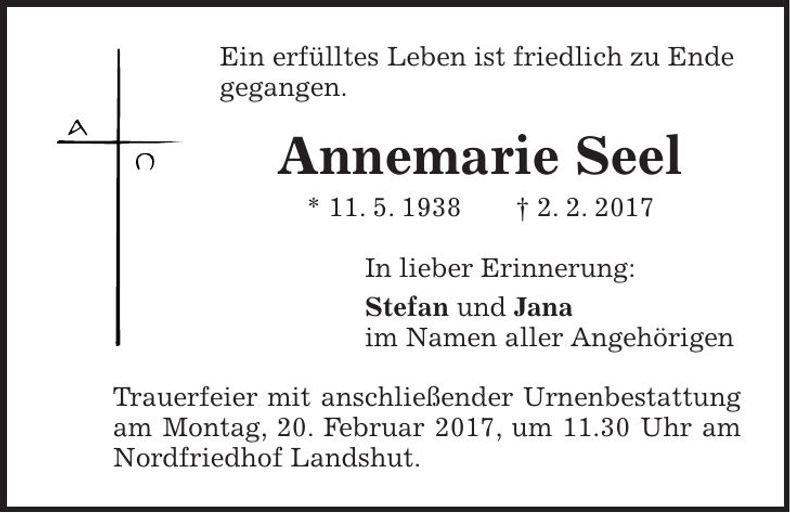 Traueranzeige Annemarie Seel