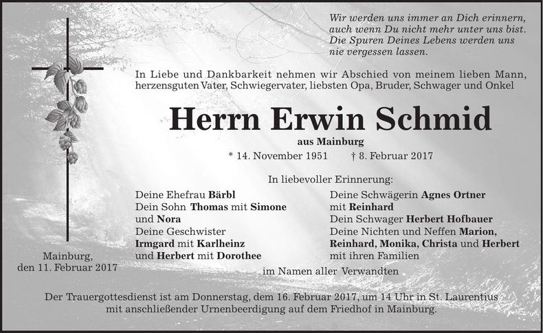 Traueranzeige Erwin Schmid