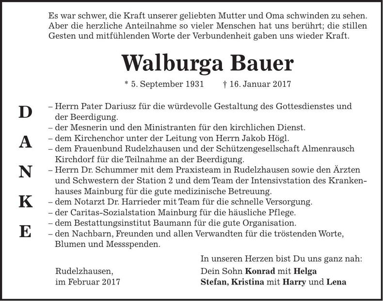 Traueranzeige Walburga Bauer