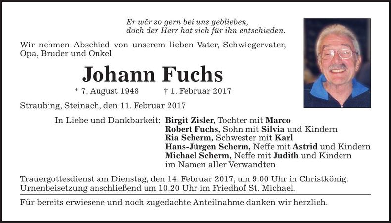Traueranzeige Johann Fuchs