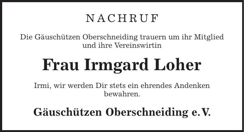 Traueranzeige Irmgard Loher