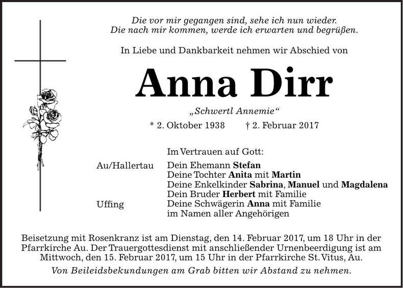 Traueranzeige Anna Dirr