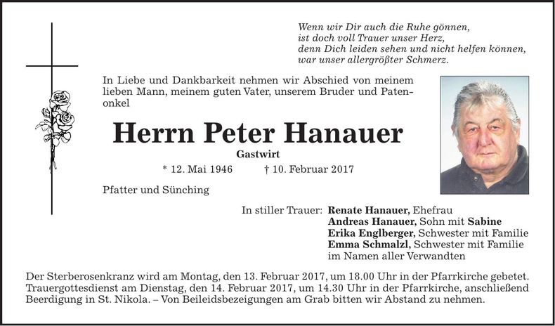 Traueranzeige Peter Hanauer