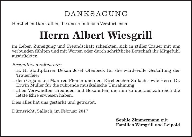 Traueranzeige Albert Wiesgrill