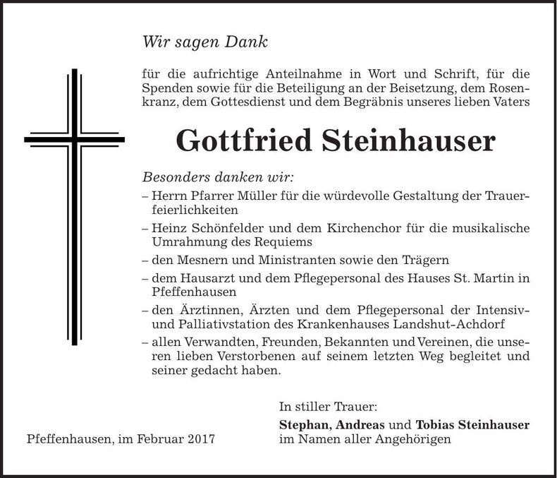 Traueranzeige Gottfried Steinhauser