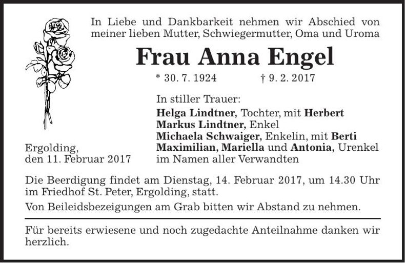 Traueranzeige Anna Engel