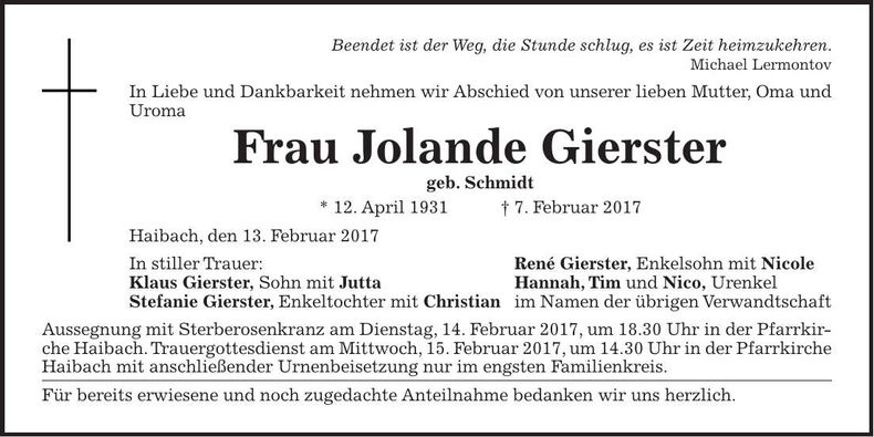Traueranzeige Jolande Gierster