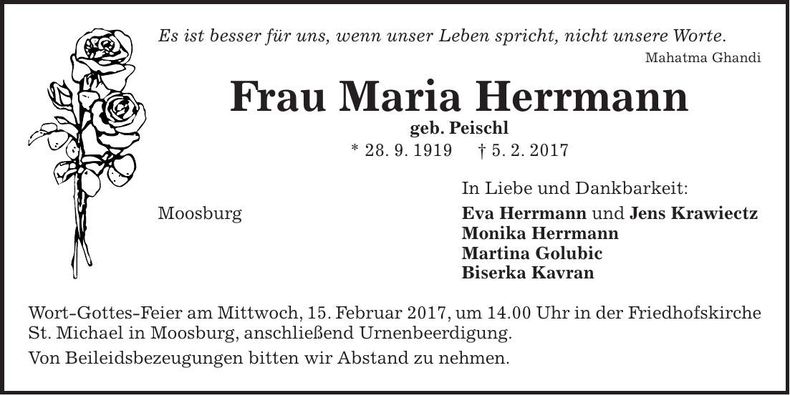 Traueranzeige Maria Herrmann