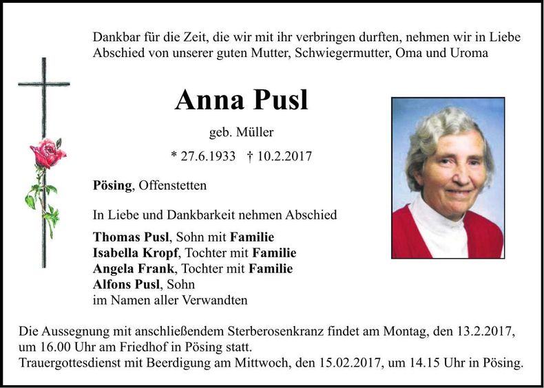 Traueranzeige Anna Pusl