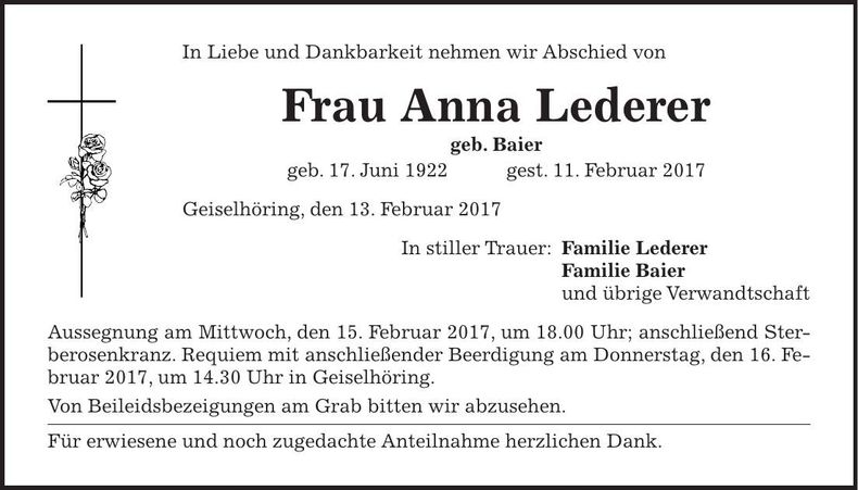 Traueranzeige Anna Lederer