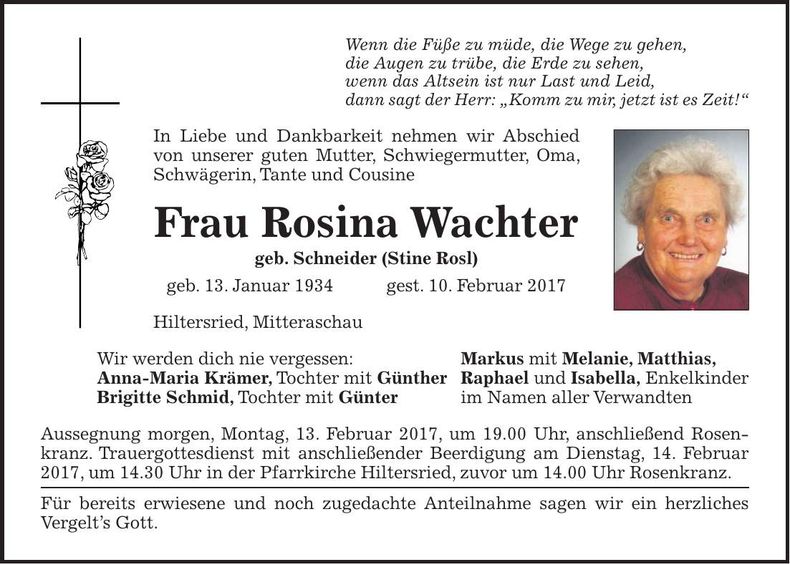 Traueranzeige Rosina Wachter