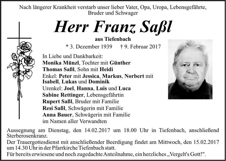 Traueranzeige Franz Saßl