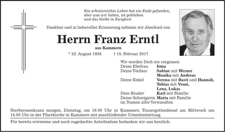 Traueranzeige Franz Erntl