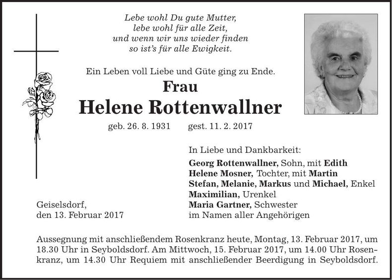 Traueranzeige Helene Rottenwallner
