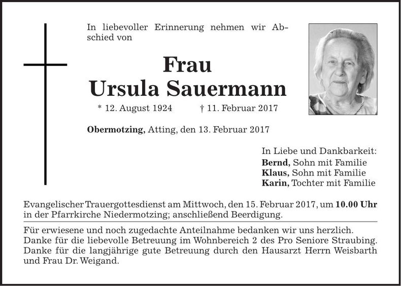 Traueranzeige Ursula Sauermann