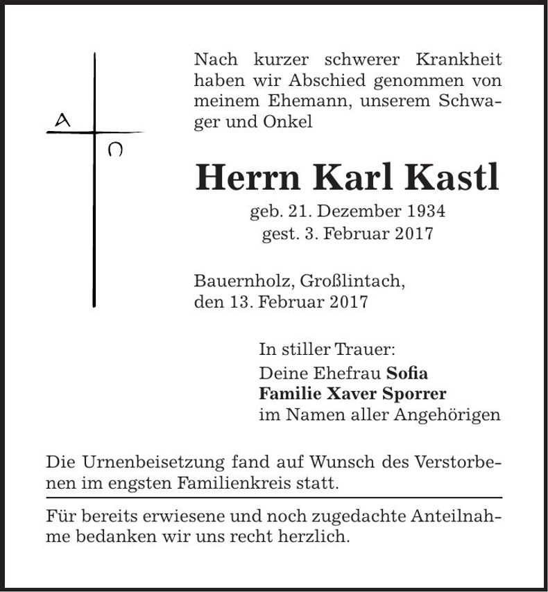 Traueranzeige Karl Kastl