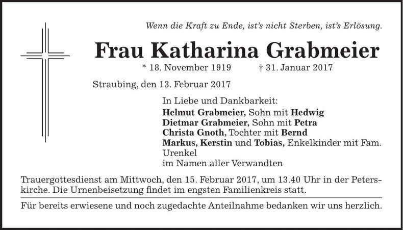 Traueranzeige Katharina Grabmeier