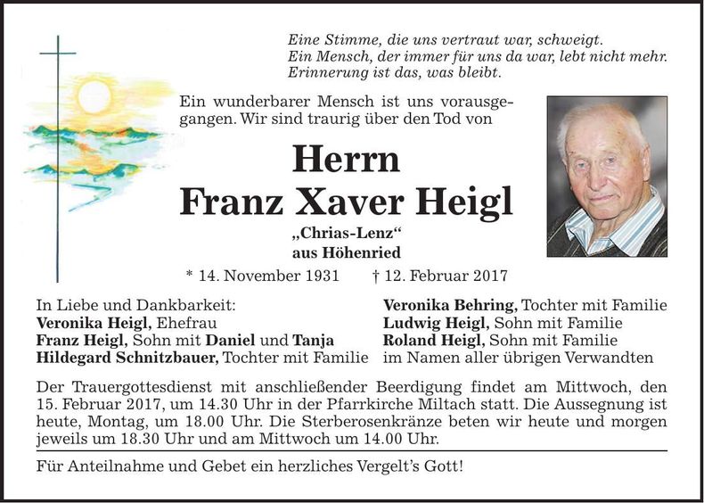 Traueranzeige Franz Xaver Heigl