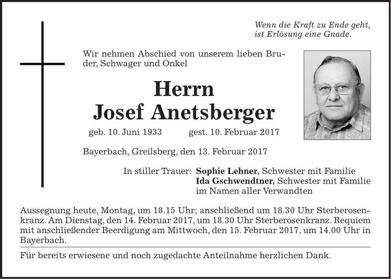 Traueranzeige Josef Anetsberger