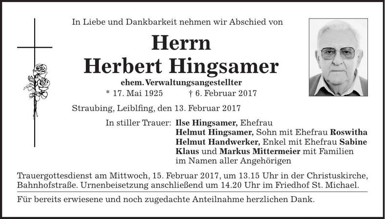 Traueranzeige Herbert Hingsamer