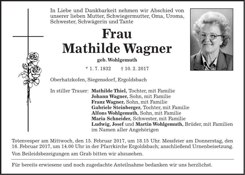 Traueranzeige Mathilde Wagner