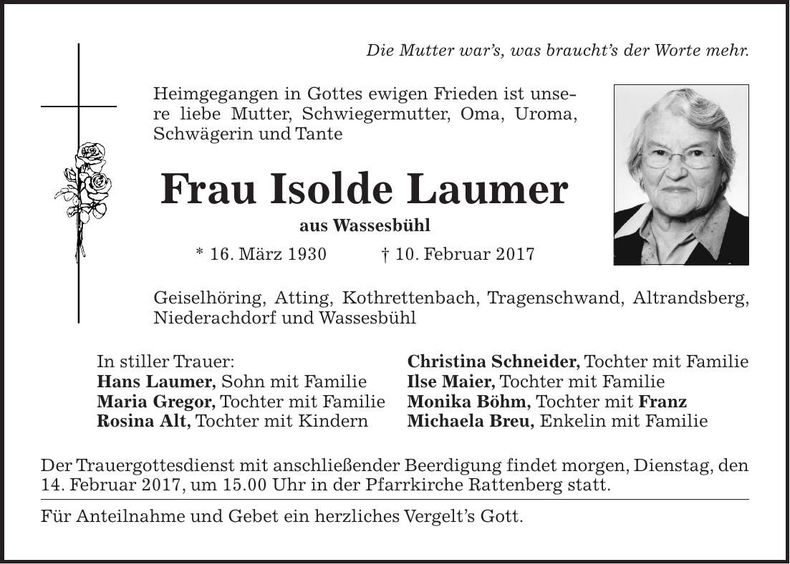 Traueranzeige Isolde Laumer