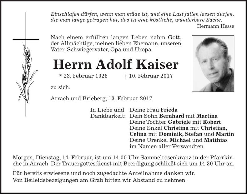 Traueranzeige Adolf Kaiser