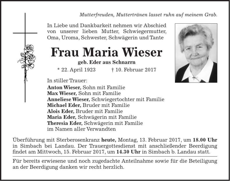 Traueranzeige Maria Wieser