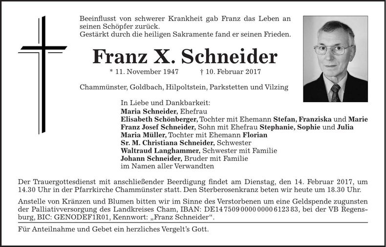 Traueranzeige Franz Xaver Schneider