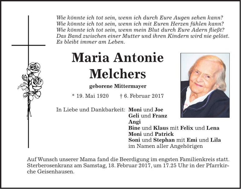 Traueranzeige Maria Antonie Melchers