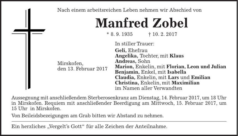 Traueranzeige Manfred Zobel