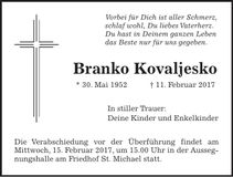 Traueranzeige Branko Kovaljesko