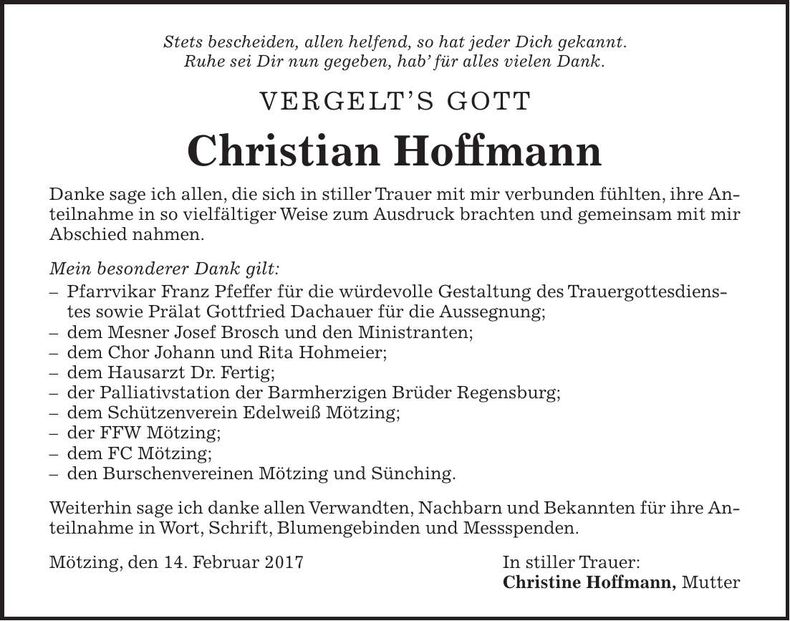 Traueranzeige Christian Hoffmann