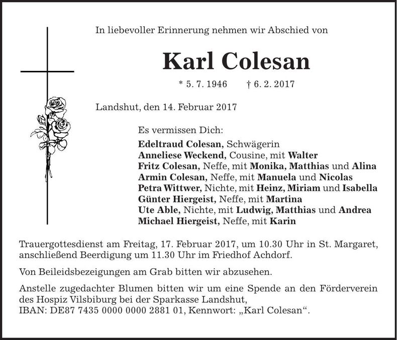 Traueranzeige Karl Colesan