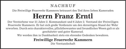 Traueranzeige Franz Erntl