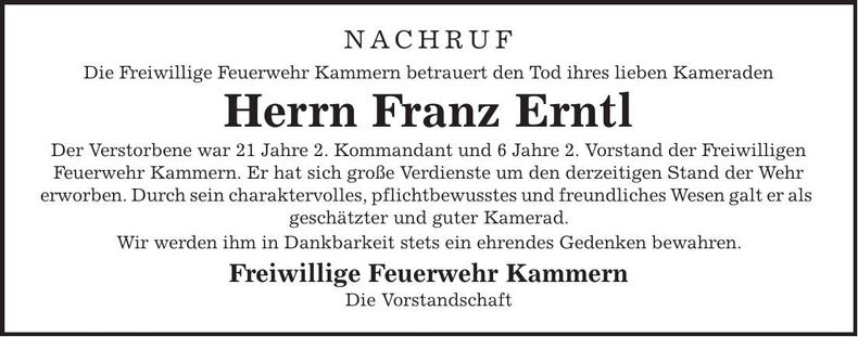 Traueranzeige Franz Erntl