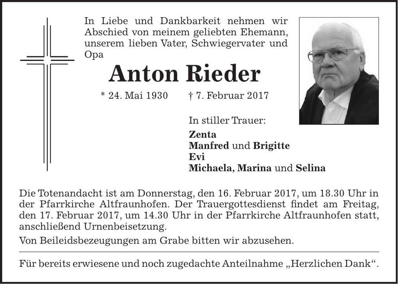Traueranzeige Anton Rieder